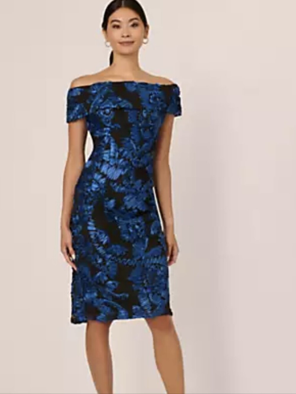 Adrianna Papell Soutache Black Dress with Blue Floral Print - Off-Shoulder